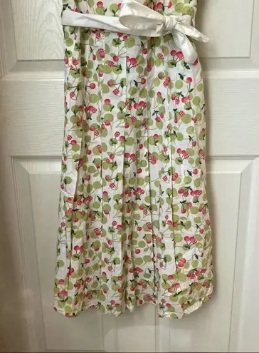 VINTAGE Cherry Print Dress with Sash 100% Cotton Size Small Green
