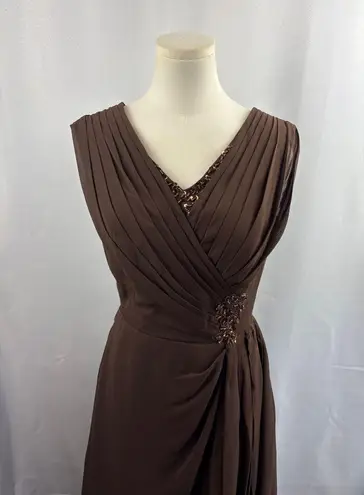 Elegant Brown Evening Gown With Beaded Embellishments & Pleated V