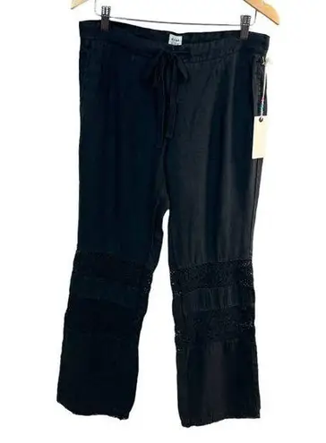 Dylan Linen Pants 8 Black Crochet Straight Leg Pockets Drawstring Womens New NWT
