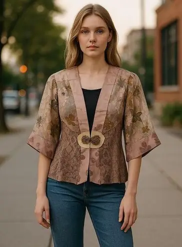 Y2K Kimono Cardigan Jacket Taupe Gray Lace Asian Rayon Toggle Purple Size M