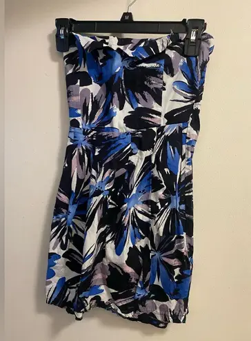 Fab Womens Juniors Strapless Tunic Blouse Top S Small Blue Floral Print Hawaiian