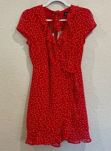 Bardot  x Revolve Red and White Polka Dot Ruffle Mini Faux Wrap Dress Tie Back