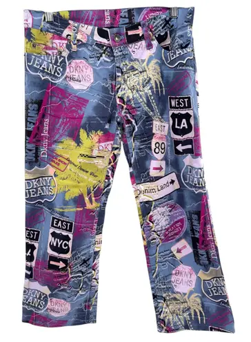 DKNY Jeans Y2K Map Print Pants Women 7 Low Rise Cropped Flare 2000s Streetwear Blue Size undefined