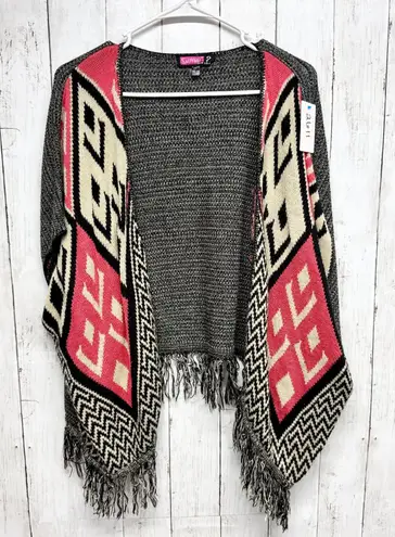 Say What? Cardigan Women One Size Fits All Aztec Fringe Trim Open Front Poncho
