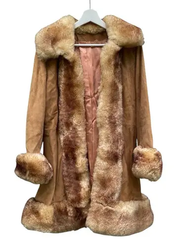 Penny Lane Vintage Scully Coat Suede with Boho Shearling Trim Brown Camel 10