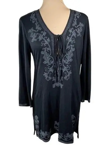 Monoreno Swim Coverup Stitched Black V-Neck Size M Medium Long Sleeve Tunic