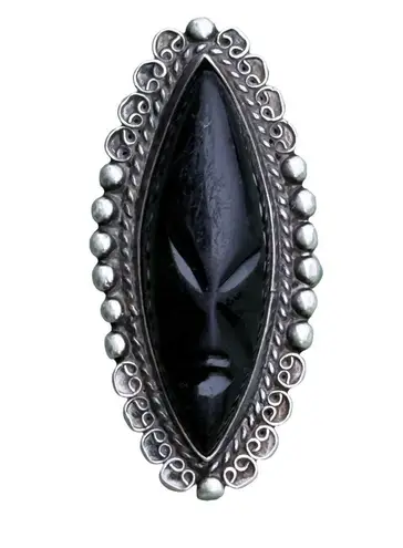 Taxco Mexican Mask 925 Sterling Silver Aztec Mayan Inca Face Tribal Large Ring Black