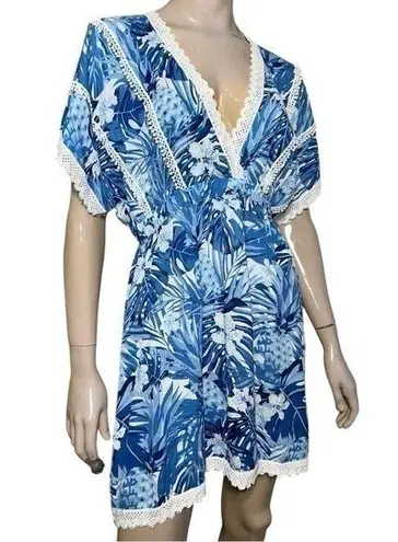 America & Beyond Women’s Size L Blue White Embroidered Lace Surplice Neck Dress Size L