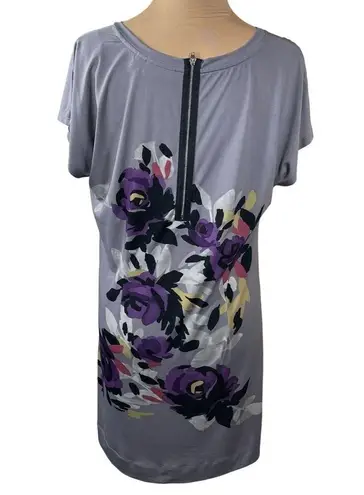 Elle Floral Swing Dress Back Zip Short Sleeve Grey Floral Purple Stretch Size M