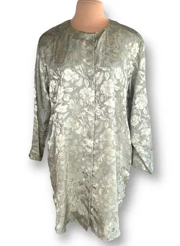 Vintage Nightgown Pastel Green Embossed Floral Detail Satin Sleep Shirt Large Size 16