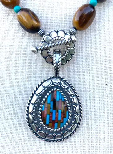Carolyn Pollack Southwestern Silver Pendant Inlay Tigers Eye Turquoise Necklace
