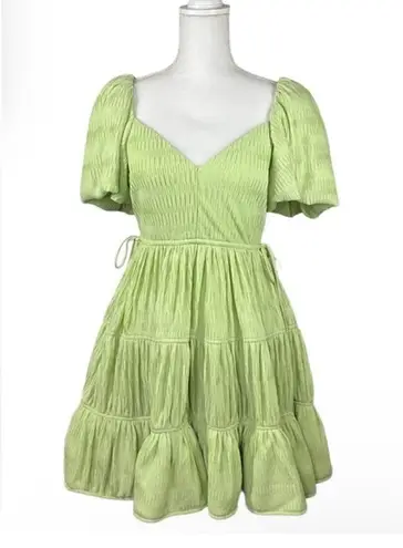 Jonathan Simkhai Cadence Mini Dress Size 2 NWT Green Puff Sleeve Ruffle Hem