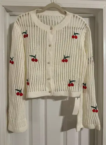 NWT Yozy Cherry Embroidered White Sweater Size L