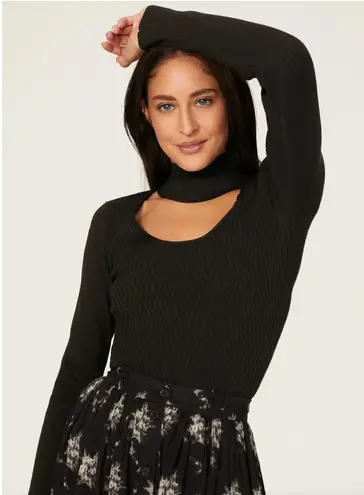 Milly Sweater Womens Medium Black Half Moon Cutout Knit Turtleneck Stretch