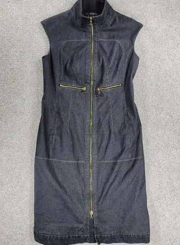 Per Se Full Zip Dress Womens 12 Blue Dark Wash Jean Denim Bodycon Stretch Midi