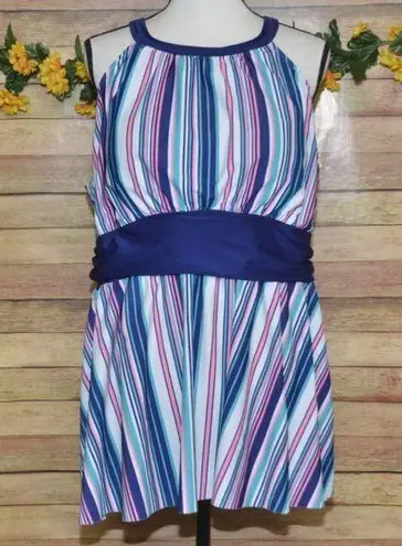 None Women's Blue Pink Striped Tankini Plus Size 3XL Stretch Umpire Waist Open Back