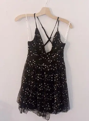 Lulus Favorite Moment Gold and Black Star Print Skater Dress Tulle Glitter