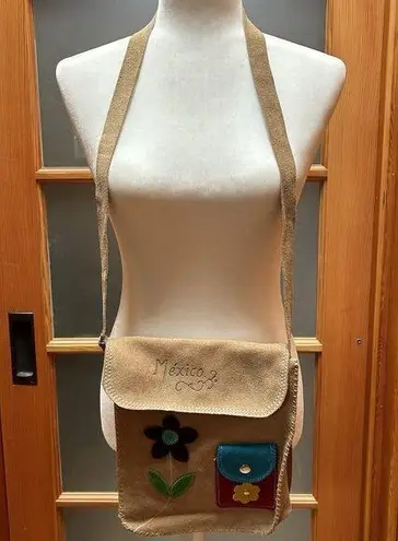 Handmade Vintage Mexico Artisan Leather Suede Crossbody Purse Bag Festival Indie