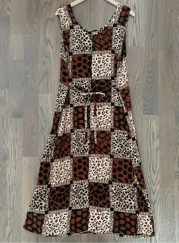 Vintage 90s Grunge Animal Print Patchwork Gauze Midi Dress Brown Multicolor M Size M