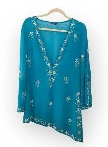 Boston Proper ♔ Chiffon Crystal Bead Embellish Kimono Sleeve Swim Coverup ♔ Aqua