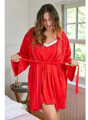 BEDHEAD Pajamas Heart Dot Stretch Organic Cotton Jersey Robe in Tiny Hearts L/XL Red Size L