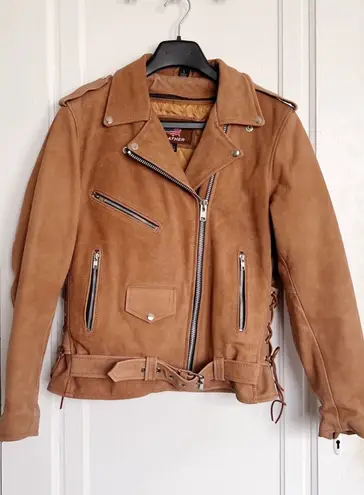 All State • brown leather motorcycle jacket insulated lined moto Indian logo Tan Size L