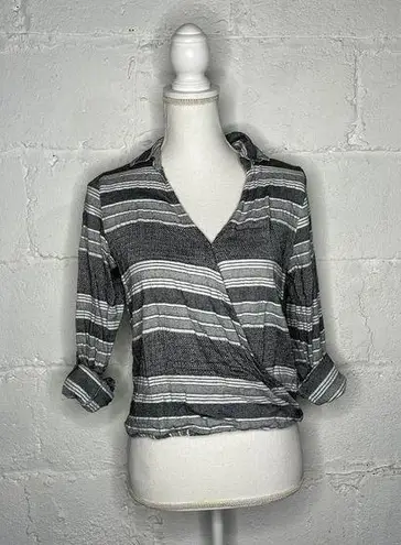 Girl Krazy Women's Faux Wrap Hi-Lo Stripe Roll Tab Sleeve Black White Top Small