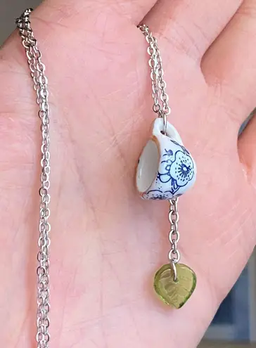 Handmade porcelain tea cup & Czech glass leaf unique fun fairy antique style necklace🫖🍃🌀