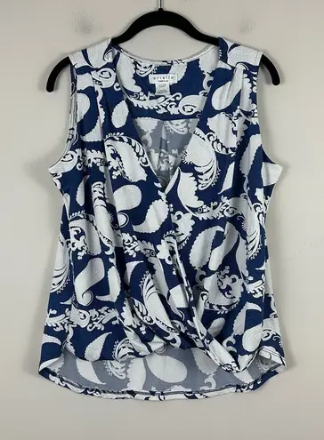 Ariella | Navy and White Textured Paisley Crossover Front Blouse Size Large