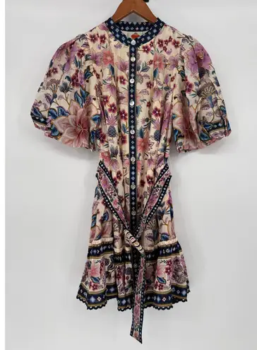 Farm Rio Cream Superbloom Tapestry Puff Sleeve Mini Dress XS Belted Floral