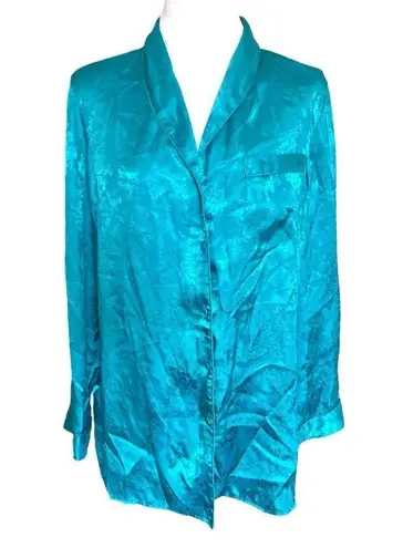 Delicates Shimmering Teal Button Down Shirt no bottoms embroidered Satin Size L