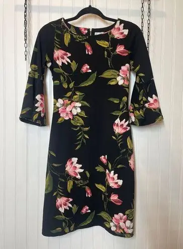 Olivia Matthews Black & Pink Floral Bell Sleeve Mini Sheath Dress Size S