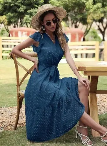 Genhoo Midi Dress M NWT Summer Wrap Neck Cap Sleeve Beach Tiered Skirt Hem Party Blue Size M