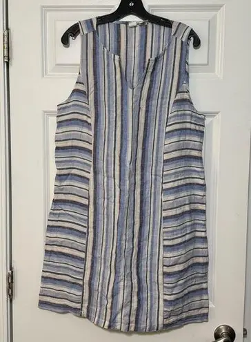 Artisan NY Women’s 100% Linen Striped V-Neck Sleeveless Shift Dress Medium