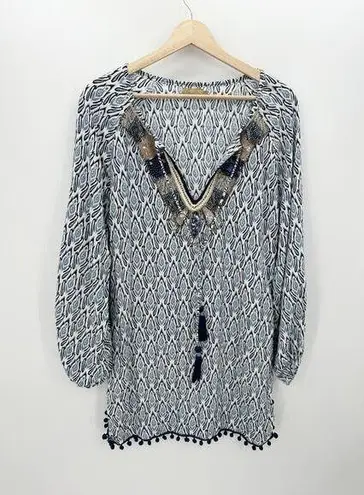 Skemo Women Size Small Blue Printed Sequin Tassel Tunic Swim Coverup Boho
