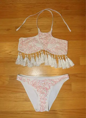 Boutique White and Orange Printed Tassel Fringe Bikini