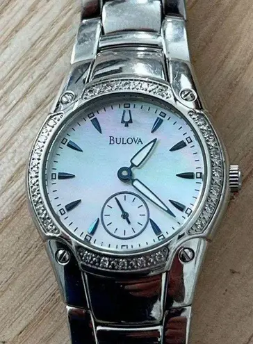 Bulova Diamonds Ladies Watch Pearl Dial Stainless Bracelet Blue Markers 96R55