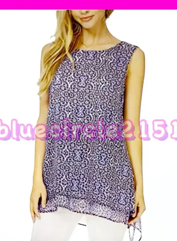 Fever Women’s Sleeveless Blouse Double Layer Blue Mosaic Flower Print •Size Medium