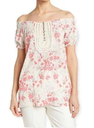 Vertigo Paris Blouse Floral Crochet Smocked Top Pink Red Size XS New with Tag