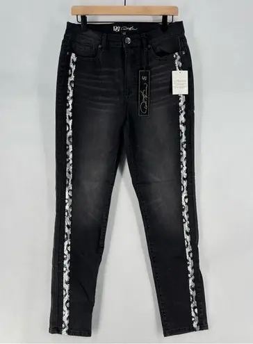 DG2 Diane Gilman Stretch Charcoal Gray Leopard Sequin Side Stripe Skinny Jean Size 10