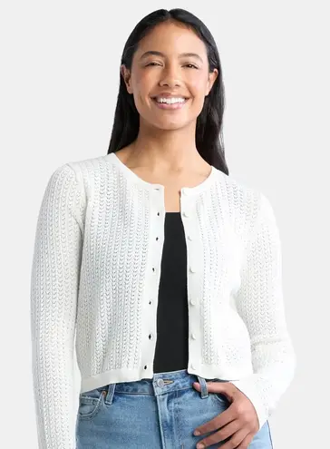 Vtg Y2K Madden NYC Women’s White Cotton Crochet Cardigan Size L Button Front Size L