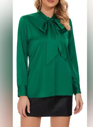 Emerald Green Satin Tie Neck Button Down Blouse Size Small Size M