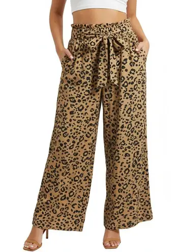 Mittoshop Wide Leg Pants Womens Plus 2X Tan Leopard Print Belted