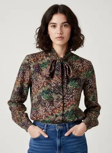 LADY ARROW Vintage 70s Polyester Floral Button Up Tie Bow Front Blouse Medium Green