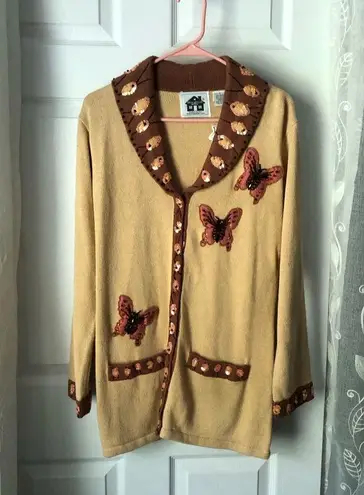 New Storybook Knits Women Sweater sz S button up Butterfly Embellished Cardigan