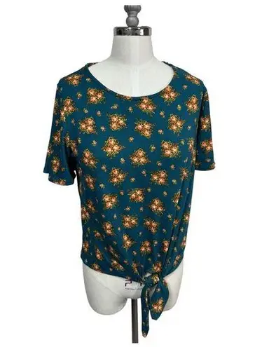 Nine Britton Maybelle Tie Front Floral Print Knit Short Sleeve Top Teal Sz S NWT