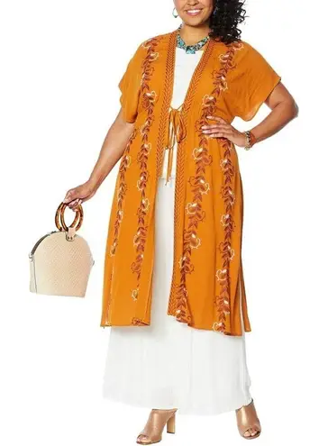 Curations Tie Front Cardigan Plus Size 3X Rust Orange Embroidered Cottagecore