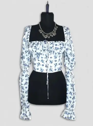 Vintage Y2K boho Cropped Top Tie Front Trumpet Sleeves Floral Blue & White M Size M