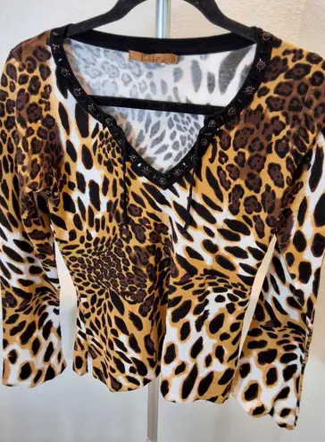 Belldini Size S Womens Brown Animal Print Long Sleeve V