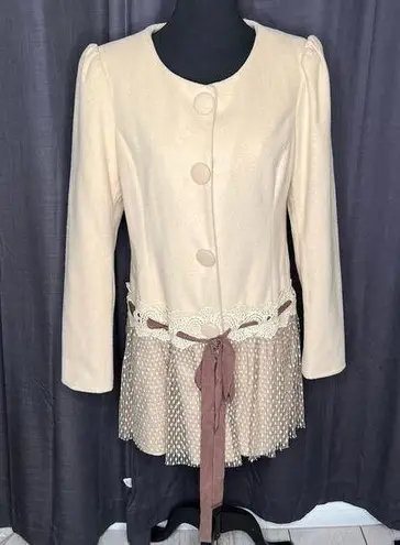 A’REVE Victorian cream button front peplum lace & ribbon pea coat Size Large Brown